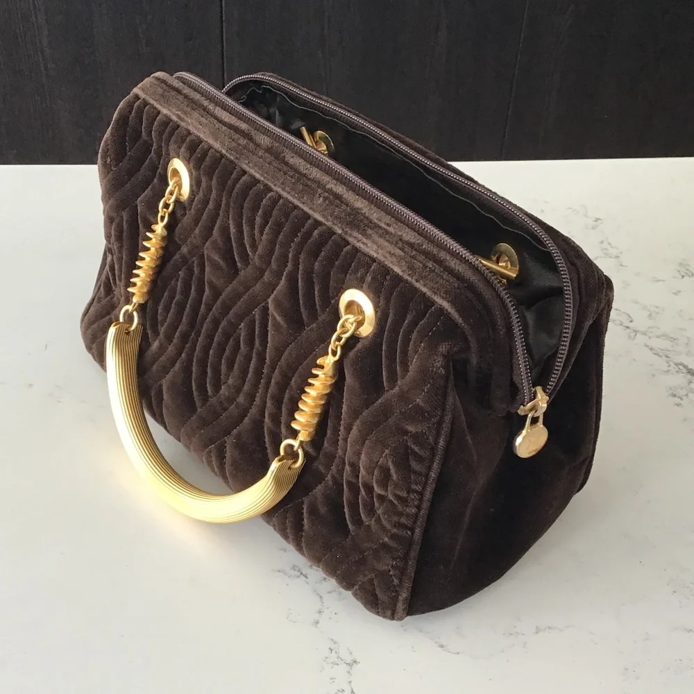 FENDI rare vintage handbag brown quilted velvet with gold handles - Picture 7 of 16